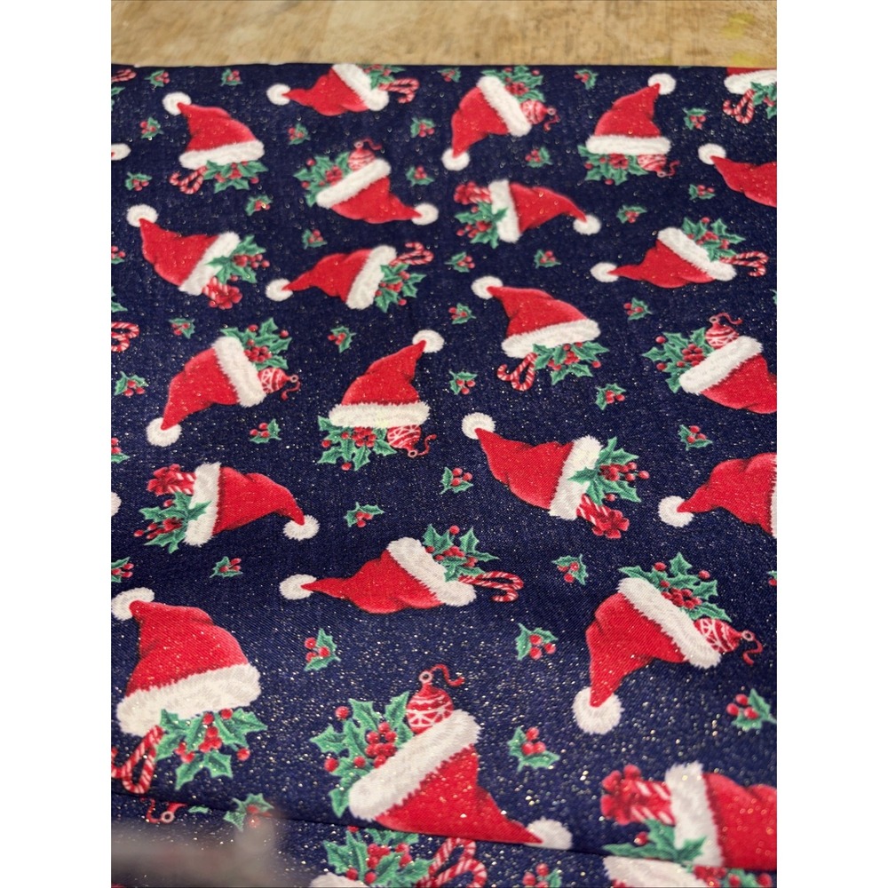 Cranston Christmas Fabric Santa Claus Hats Mistletoe Sparkly Blue 3 Yards Cotton